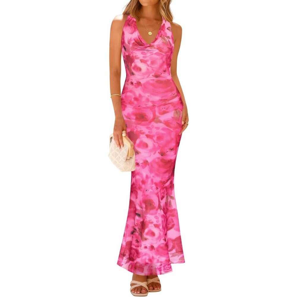 Women's Floral Print Halter Maxi Dress Sleeveless Bodycon Evening Casual - Picture 1 of 8
